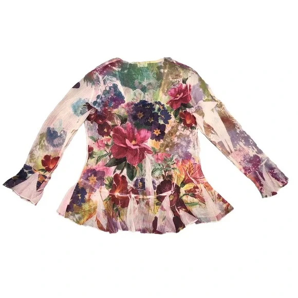 180 Degrees Blouse Women's M Floral Crinkle Tie Front Ruffe Fairy Whimsigoth Y2K - Picture 2 of 8